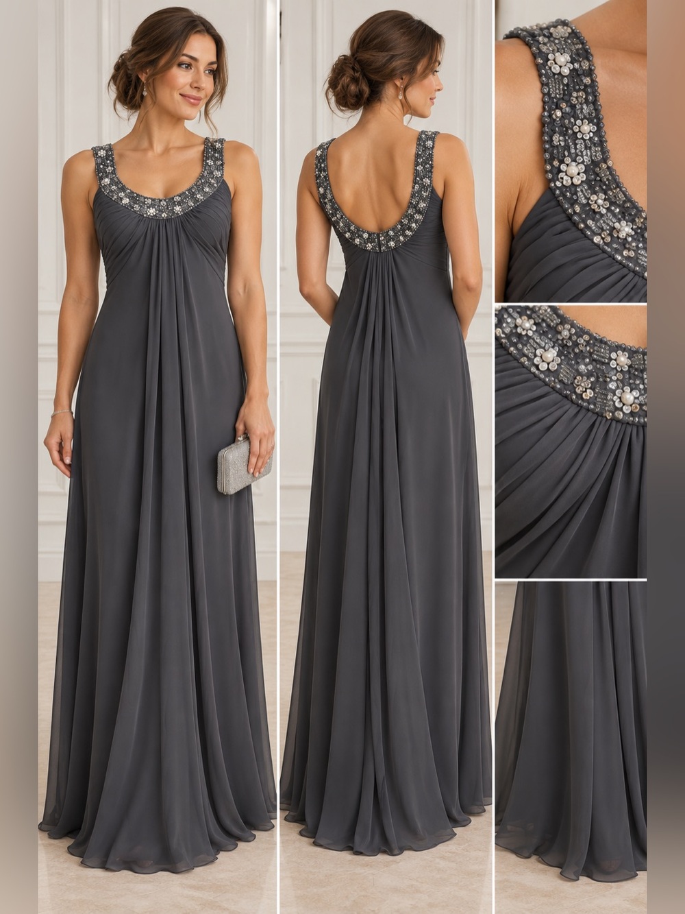 JS Boutique Charcoal Gray Beaded Chiffon Evening Dress Size 12